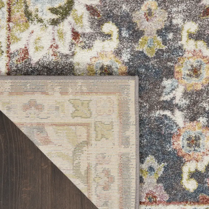 8' Charcoal Brown and Yellow Floral Distressed Runner Rug Photo 6