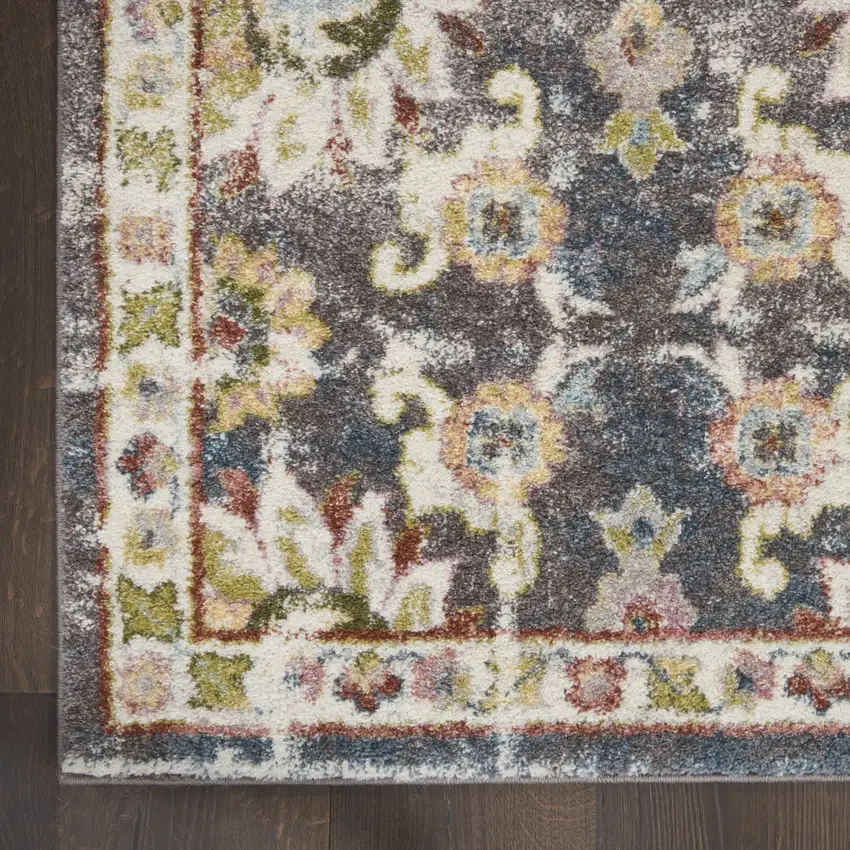 8' Charcoal Brown and Yellow Floral Distressed Runner Rug Photo 4