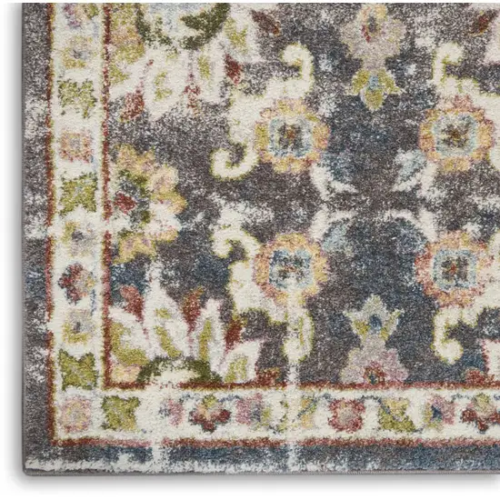 8' Charcoal Brown and Yellow Floral Distressed Runner Rug Photo 5