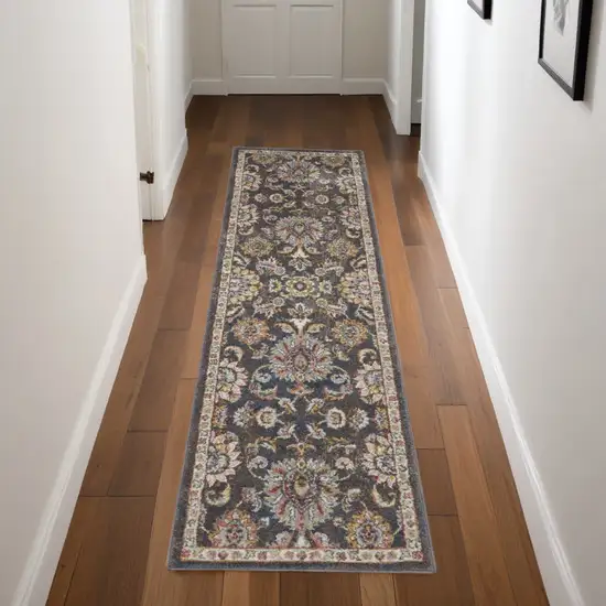 8' Charcoal Brown and Yellow Floral Distressed Runner Rug Photo 1