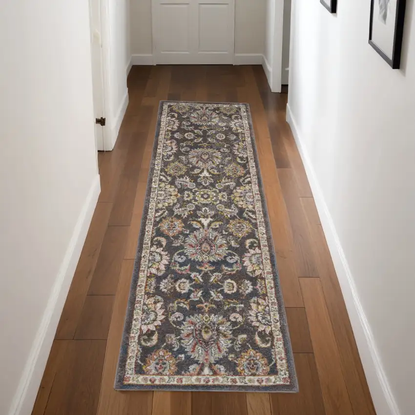 8' Charcoal Brown and Yellow Floral Distressed Runner Rug Photo 1