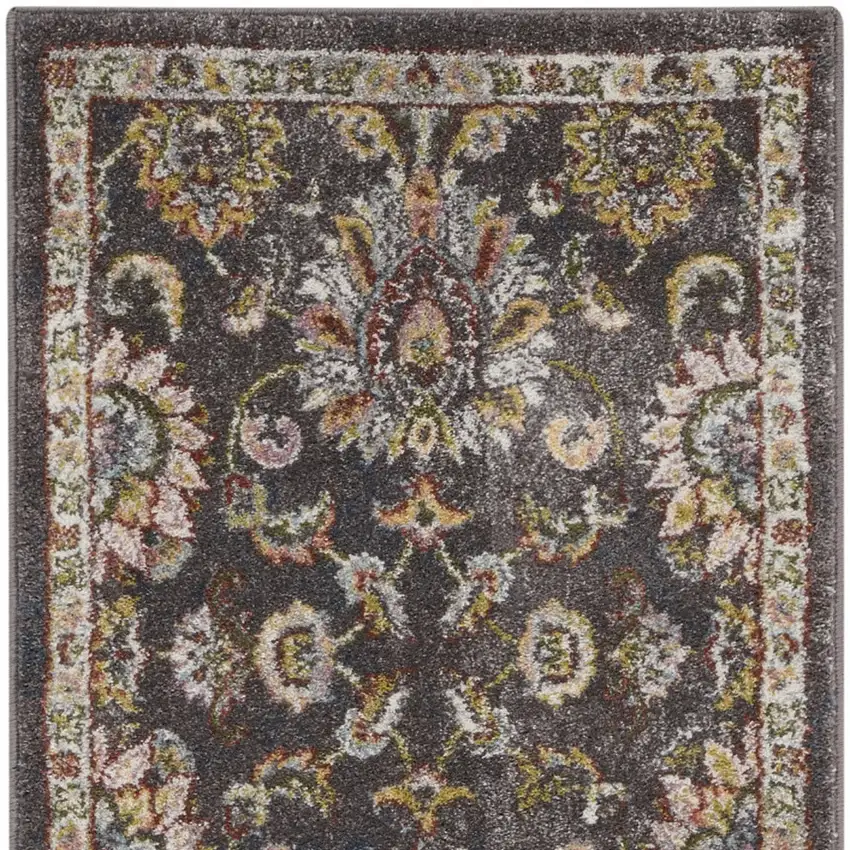 8' Charcoal Brown and Yellow Floral Distressed Runner Rug Photo 9