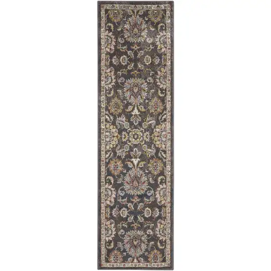 8' Charcoal Brown and Yellow Floral Distressed Runner Rug Photo 2