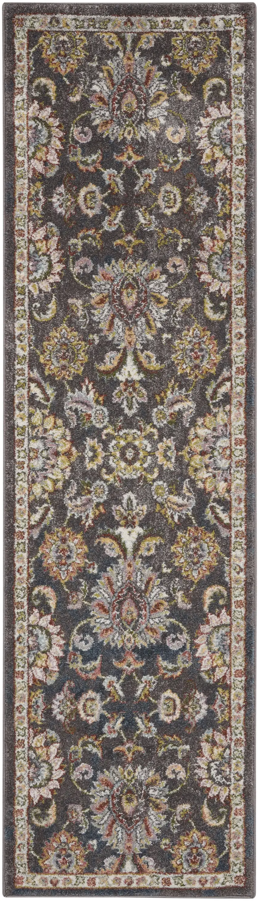 8' Charcoal Brown and Yellow Floral Distressed Runner Rug Photo 2