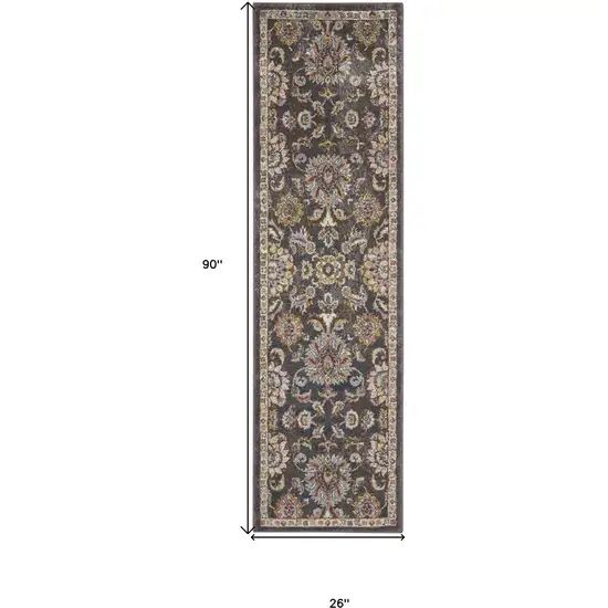 8' Charcoal Brown and Yellow Floral Distressed Runner Rug Photo 3
