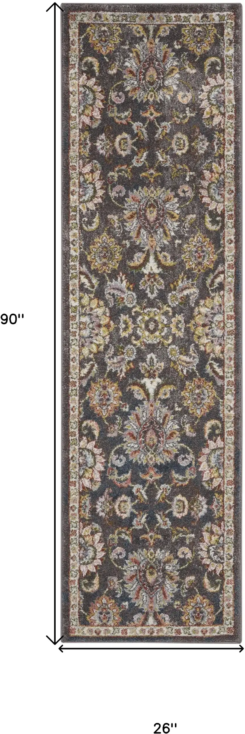 8' Charcoal Brown and Yellow Floral Distressed Runner Rug Photo 3