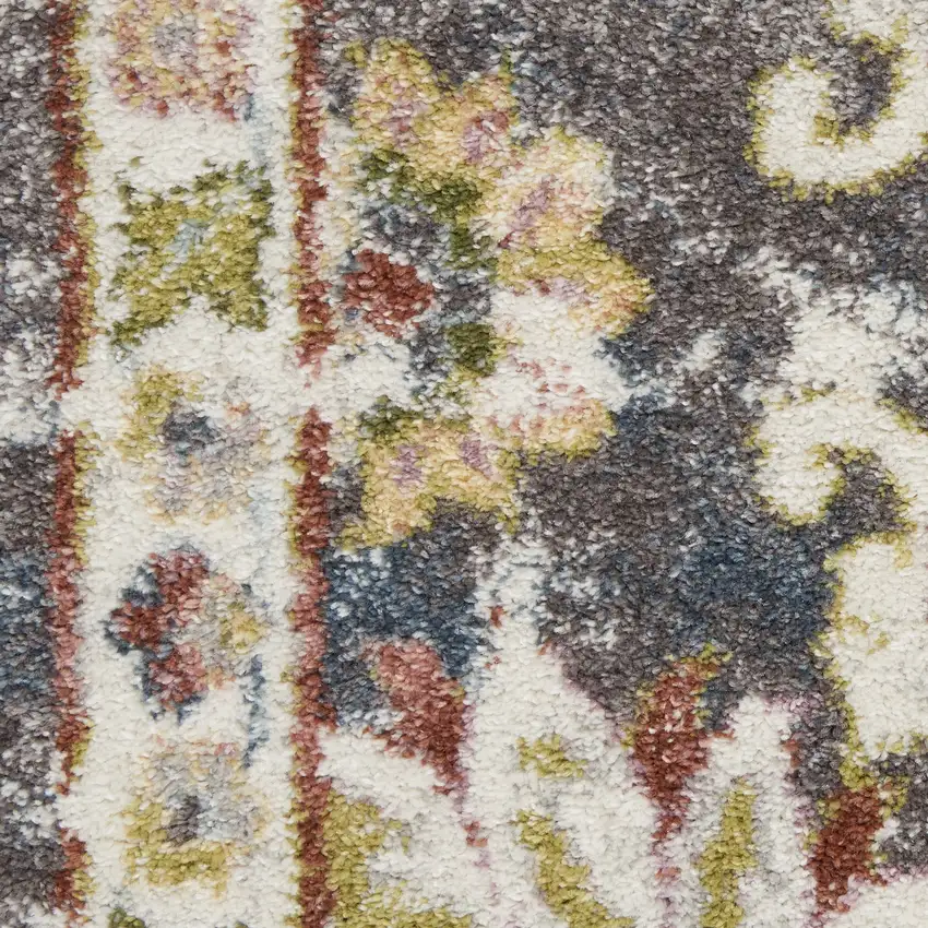 8' Charcoal Brown and Yellow Floral Distressed Runner Rug Photo 5