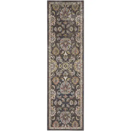 8' Charcoal Brown and Yellow Floral Distressed Runner Rug Photo 1