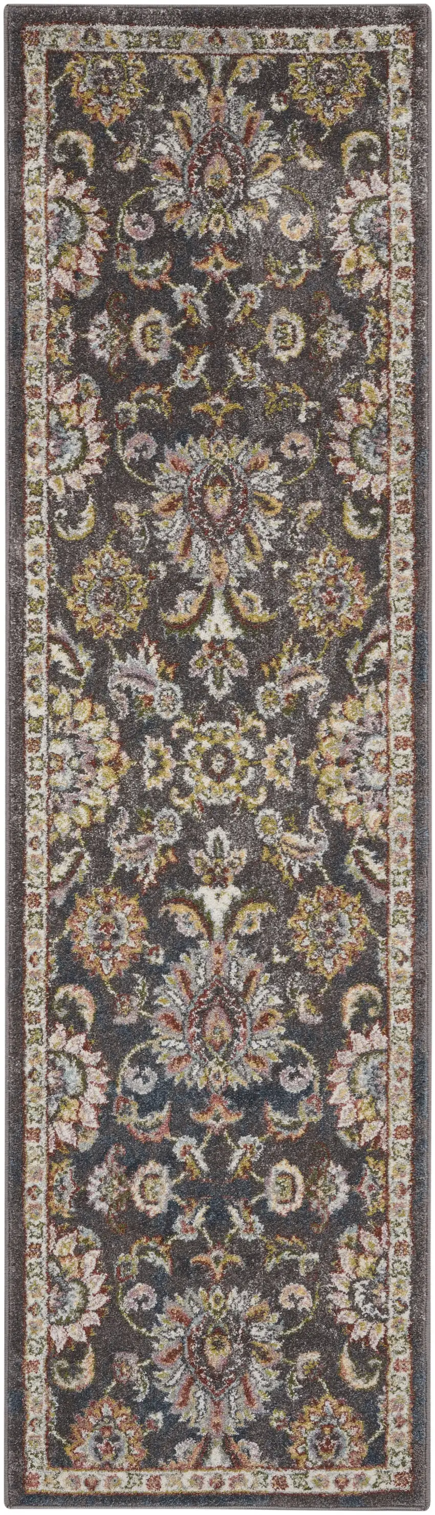 8' Charcoal Brown and Yellow Floral Distressed Runner Rug Photo 1
