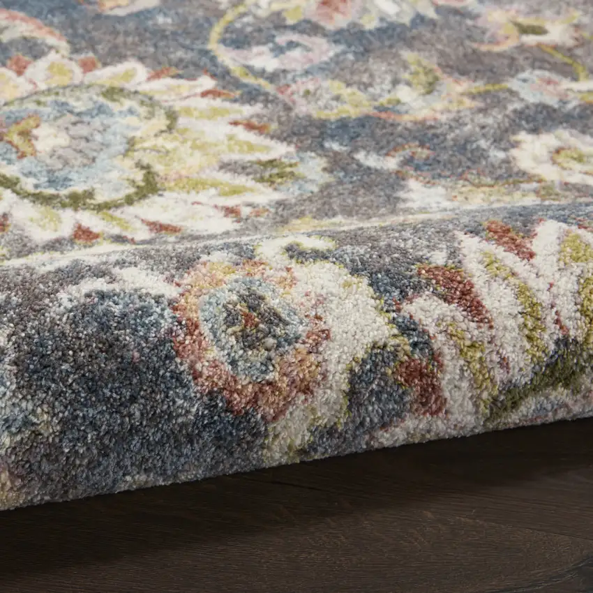 8' Charcoal Brown and Yellow Floral Distressed Runner Rug Photo 7