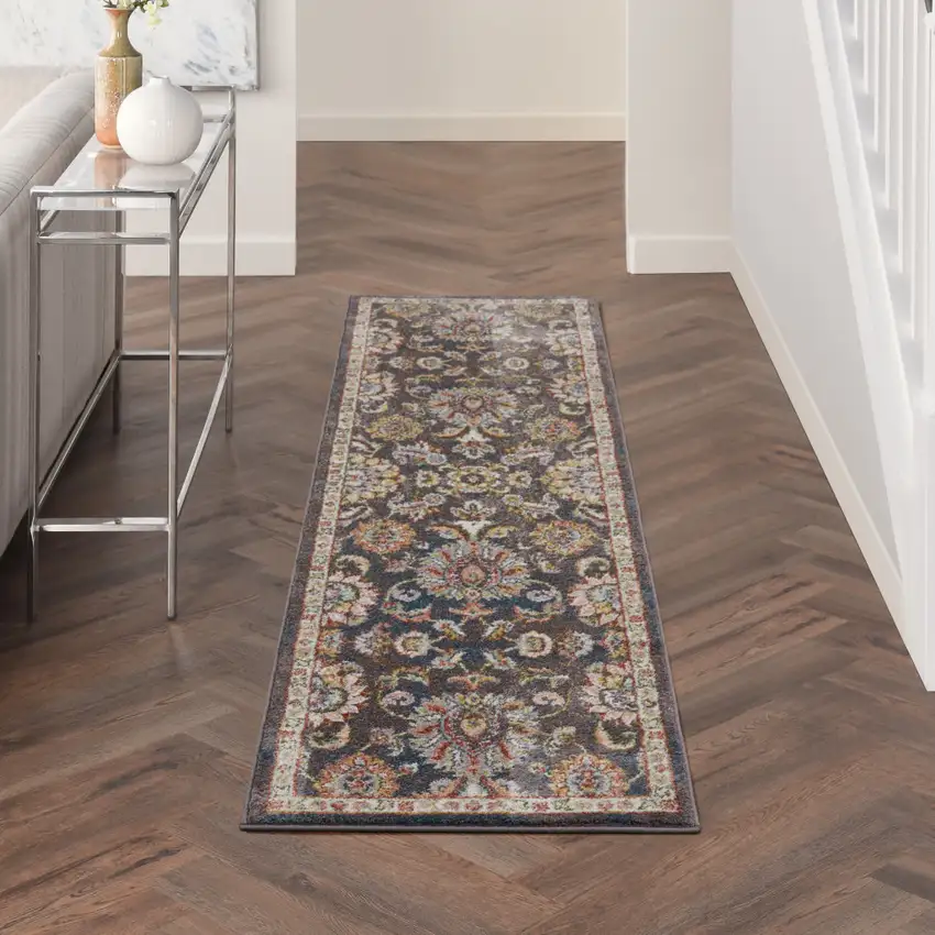 8' Charcoal Brown and Yellow Floral Distressed Runner Rug Photo 3