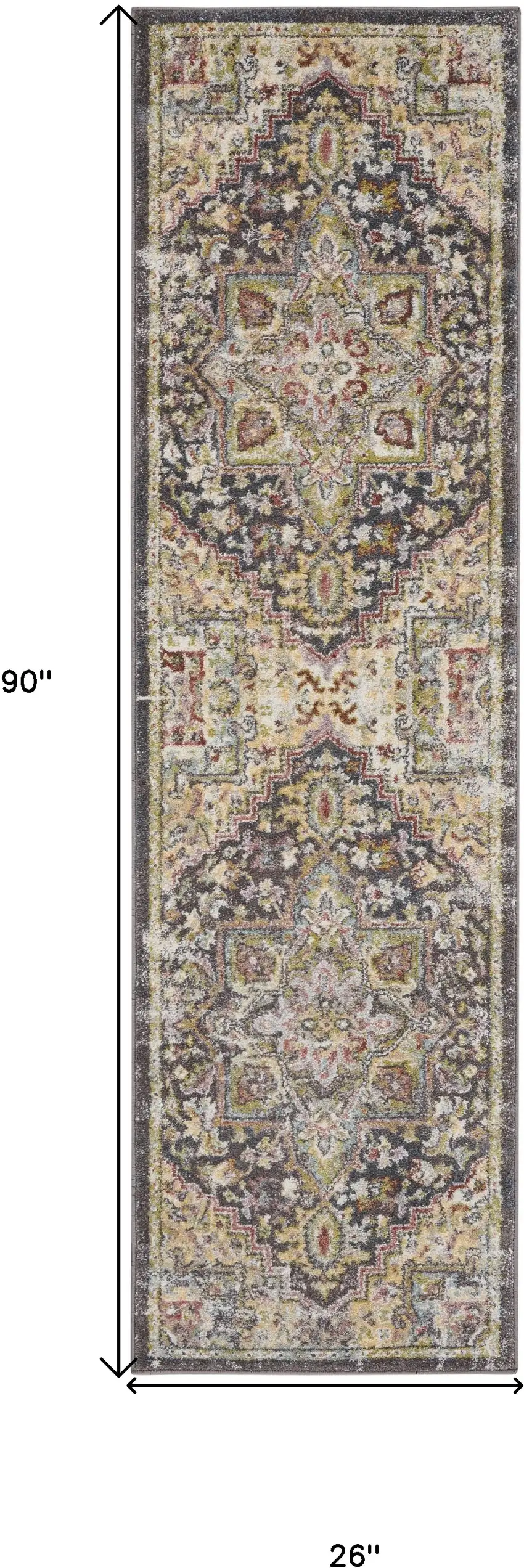 8' Charcoal Brown and Yellow Floral Distressed Runner Rug Photo 3