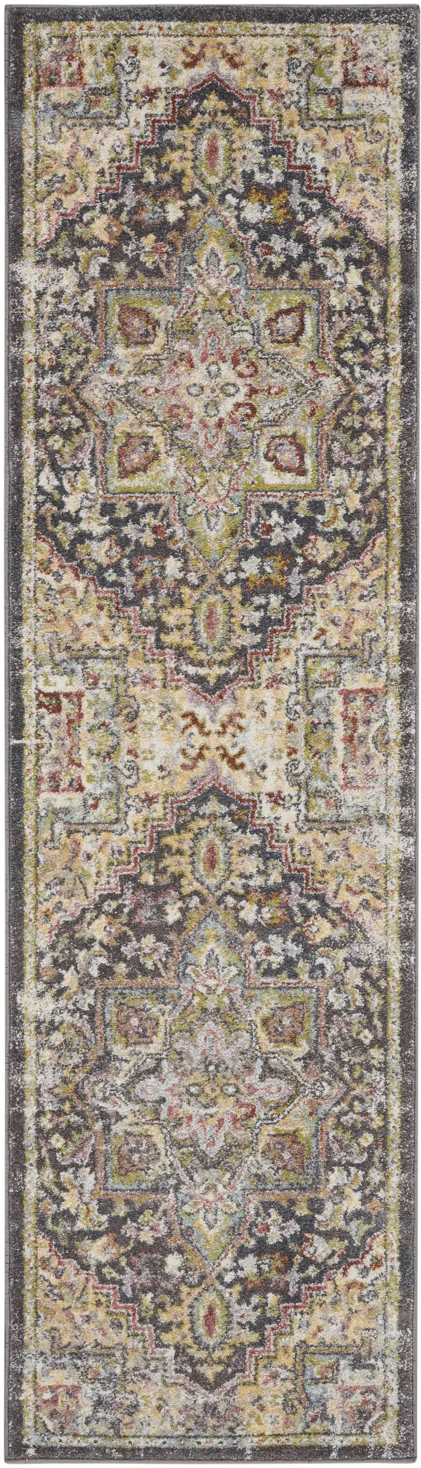 8' Charcoal Brown and Yellow Floral Distressed Runner Rug Photo 2