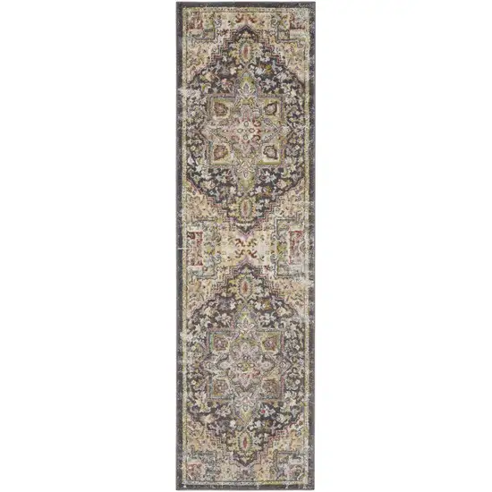 8' Charcoal Brown and Yellow Floral Distressed Runner Rug Photo 1