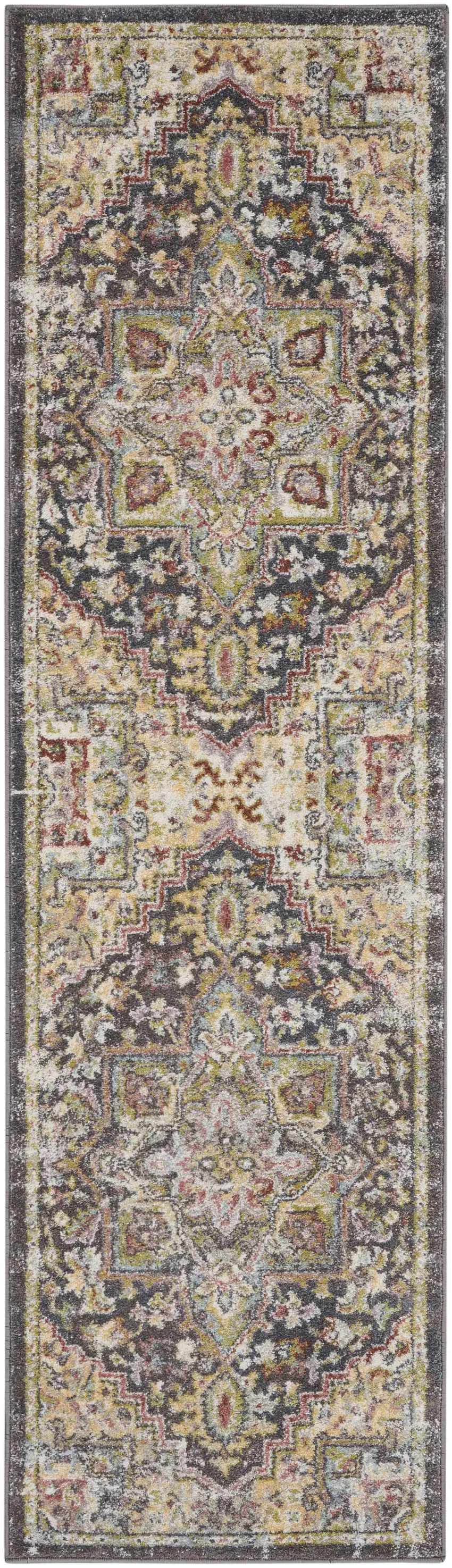 8' Charcoal Brown and Yellow Floral Distressed Runner Rug Photo 1