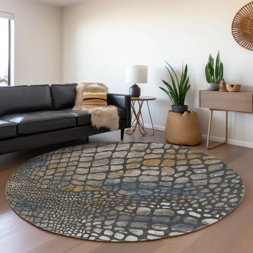 8' Charcoal Copper And Blue Abstract Geometric Washable Round Rug With UV Protection Photo 5
