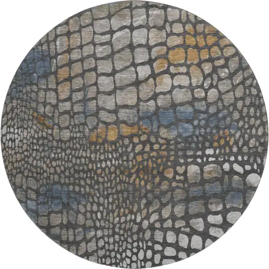 8' Charcoal Copper And Blue Abstract Geometric Washable Round Rug With UV Protection Photo 1