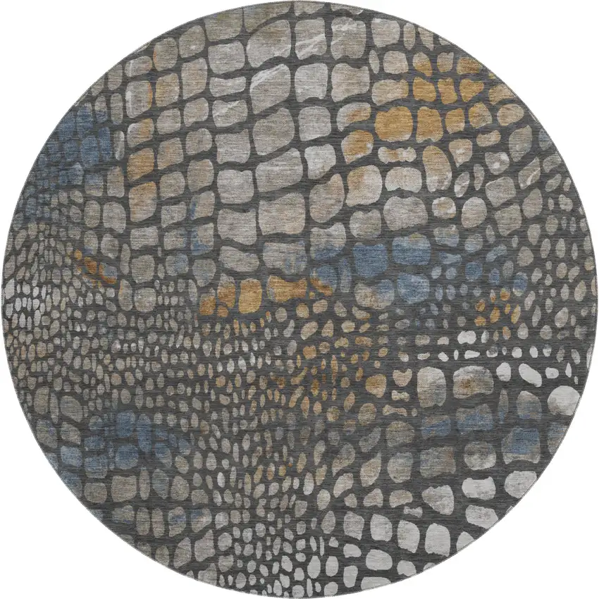 8' Charcoal Copper And Blue Abstract Geometric Washable Round Rug With UV Protection Photo 1