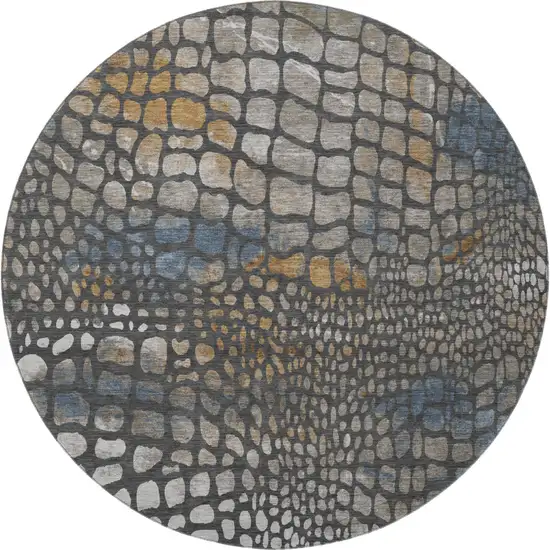 8' Charcoal Copper And Blue Abstract Geometric Washable Round Rug With UV Protection Photo 3