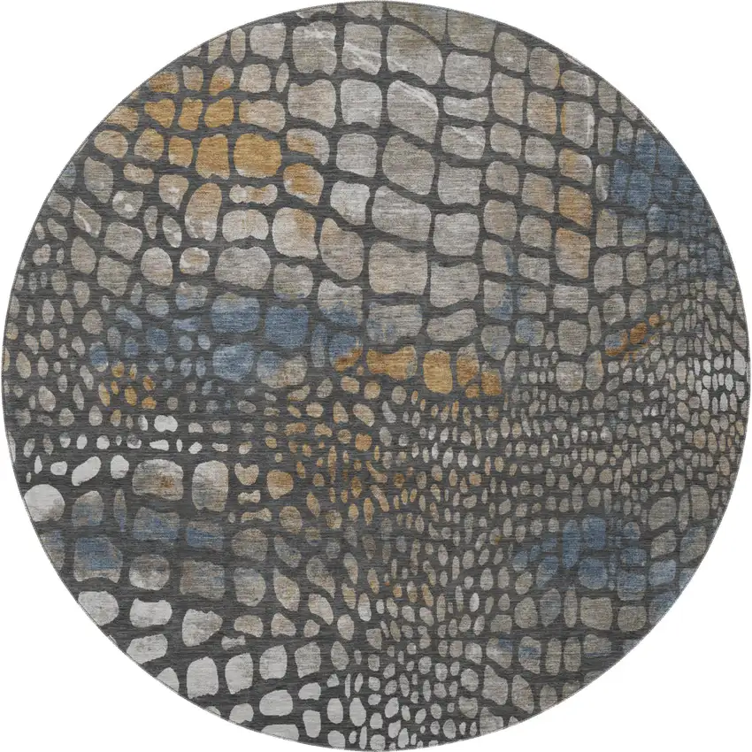 8' Charcoal Copper And Blue Abstract Geometric Washable Round Rug With UV Protection Photo 3