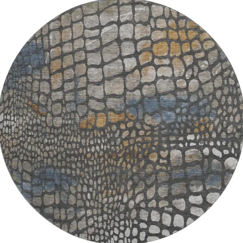 8' Charcoal Copper And Blue Abstract Geometric Washable Round Rug With UV Protection Photo 2