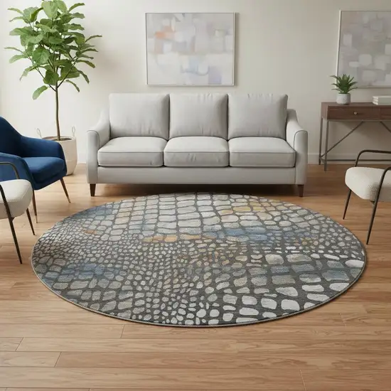 8' Charcoal Copper And Blue Abstract Geometric Washable Round Rug With UV Protection Photo 2