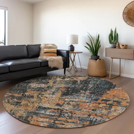 8' Charcoal Copper And Gray Abstract Washable Round Rug With UV Protection Photo 4