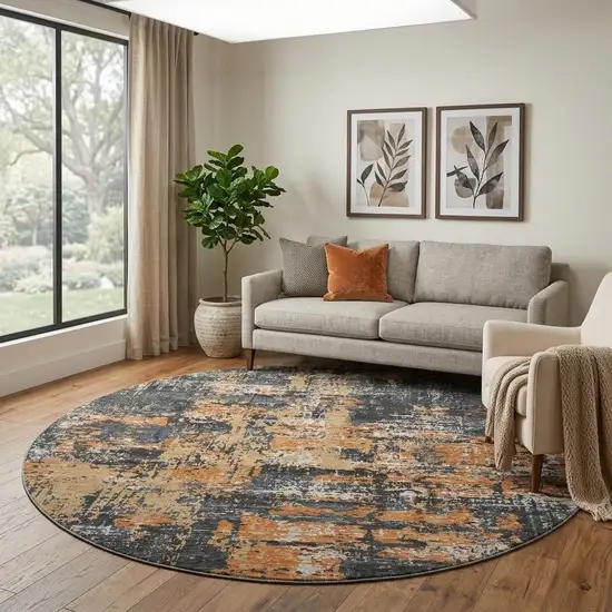 8' Charcoal Copper And Gray Abstract Washable Round Rug With UV Protection Photo 1