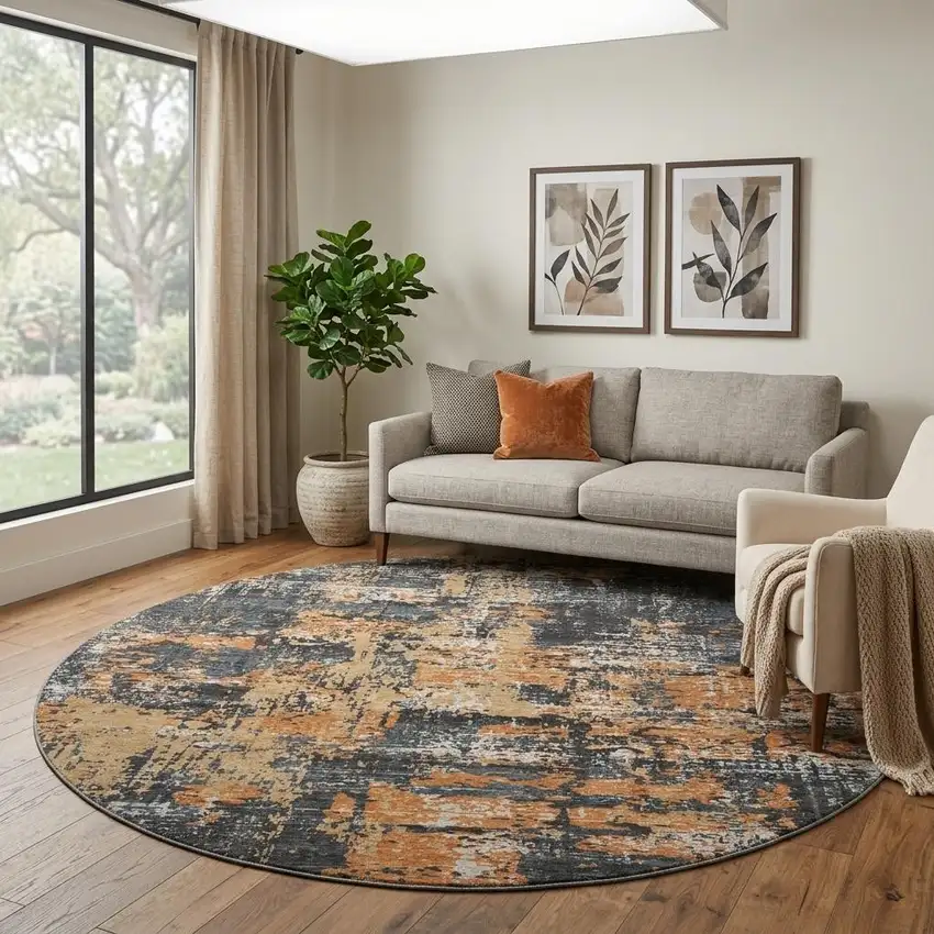 8' Charcoal Copper And Gray Abstract Washable Round Rug With UV Protection Photo 1
