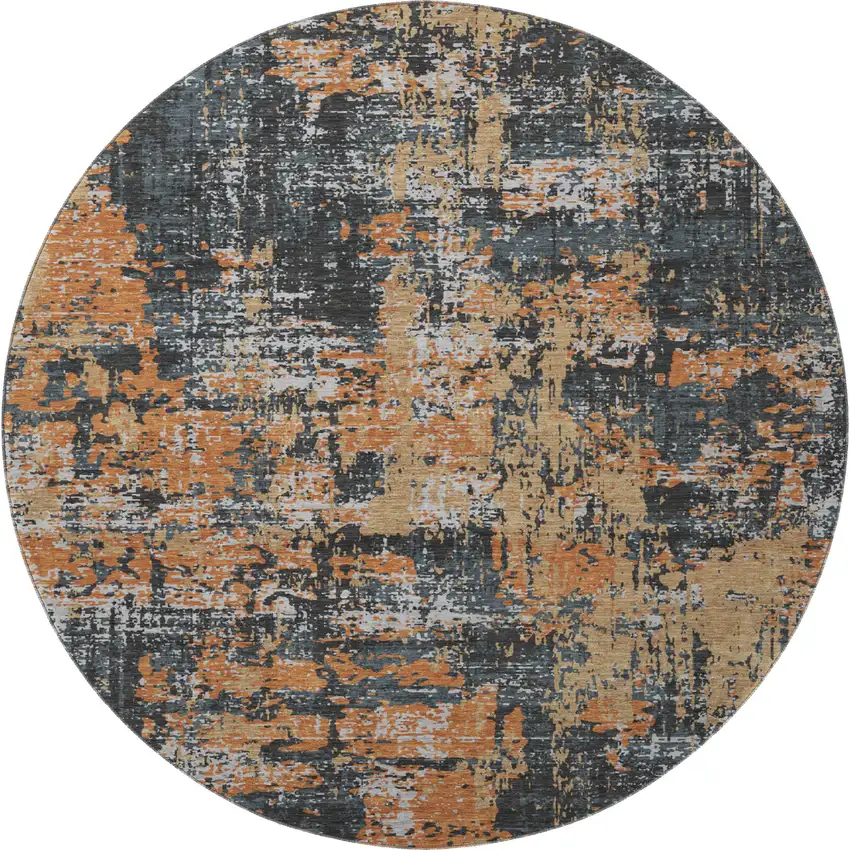 8' Charcoal Copper And Gray Abstract Washable Round Rug With UV Protection Photo 3