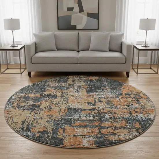 8' Charcoal Copper And Gray Abstract Washable Round Rug With UV Protection Photo 2