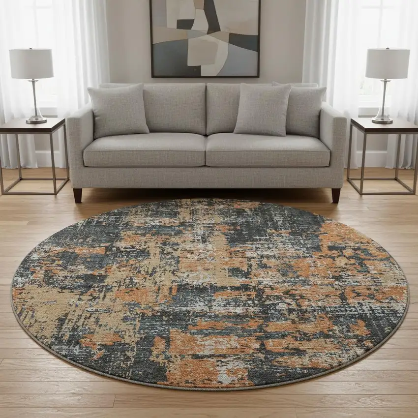 8' Charcoal Copper And Gray Abstract Washable Round Rug With UV Protection Photo 2
