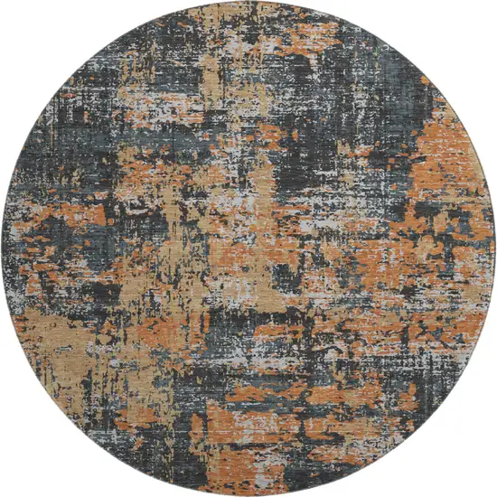 8' Charcoal Copper And Gray Abstract Washable Round Rug With UV Protection Photo 1