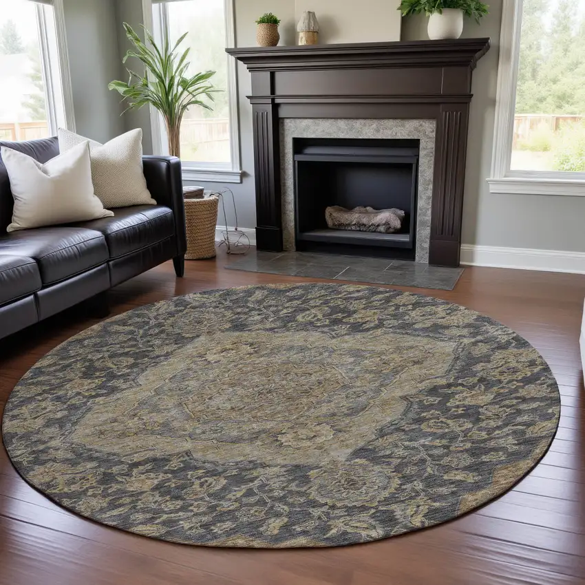 8' Charcoal Copper And Gray Floral Medallion Washable Round Rug With UV Protection Photo 4