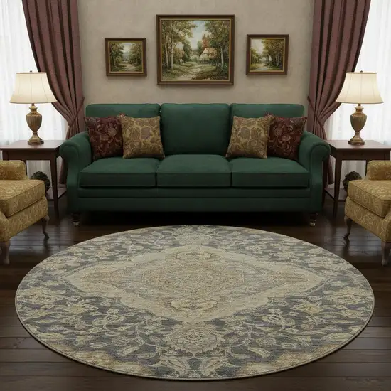 8' Charcoal Copper And Gray Floral Medallion Washable Round Rug With UV Protection Photo 2