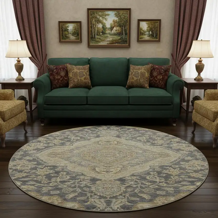 8' Charcoal Copper And Gray Floral Medallion Washable Round Rug With UV Protection Photo 2