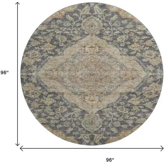 8' Charcoal Copper And Gray Floral Medallion Washable Round Rug With UV Protection Photo 9