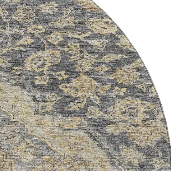 8' Charcoal Copper And Gray Floral Medallion Washable Round Rug With UV Protection Photo 2