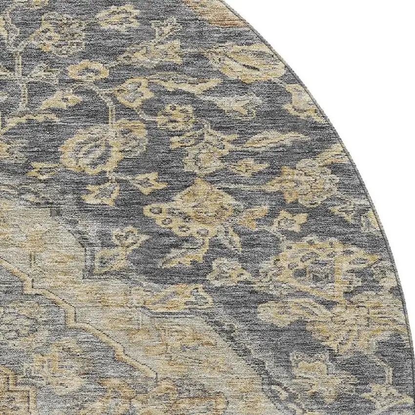 8' Charcoal Copper And Gray Floral Medallion Washable Round Rug With UV Protection Photo 2