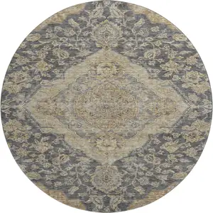Photo of 8' Charcoal Copper And Gray Floral Medallion Washable Round Rug With UV Protection