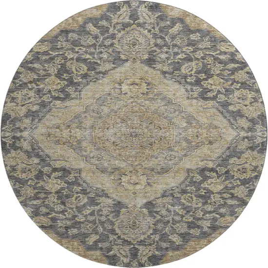 8' Charcoal Copper And Gray Floral Medallion Washable Round Rug With UV Protection Photo 1