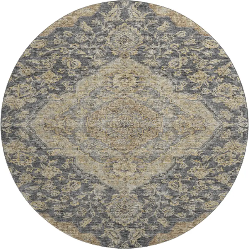 8' Charcoal Copper And Gray Floral Medallion Washable Round Rug With UV Protection Photo 1
