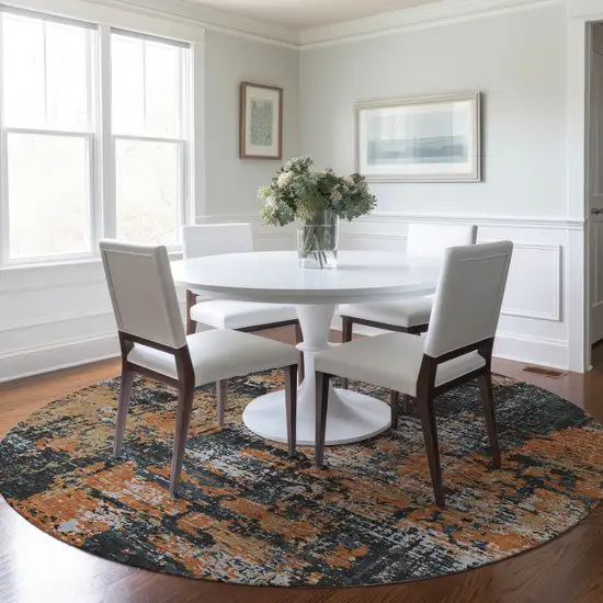 8' Charcoal Copper And Ivory Round Abstract Washable Indoor Outdoor Area Rug Photo 8