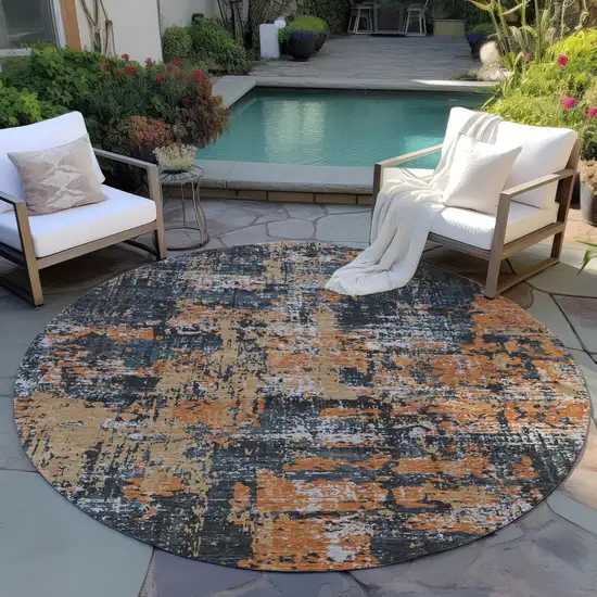 8' Charcoal Copper And Ivory Round Abstract Washable Indoor Outdoor Area Rug Photo 7