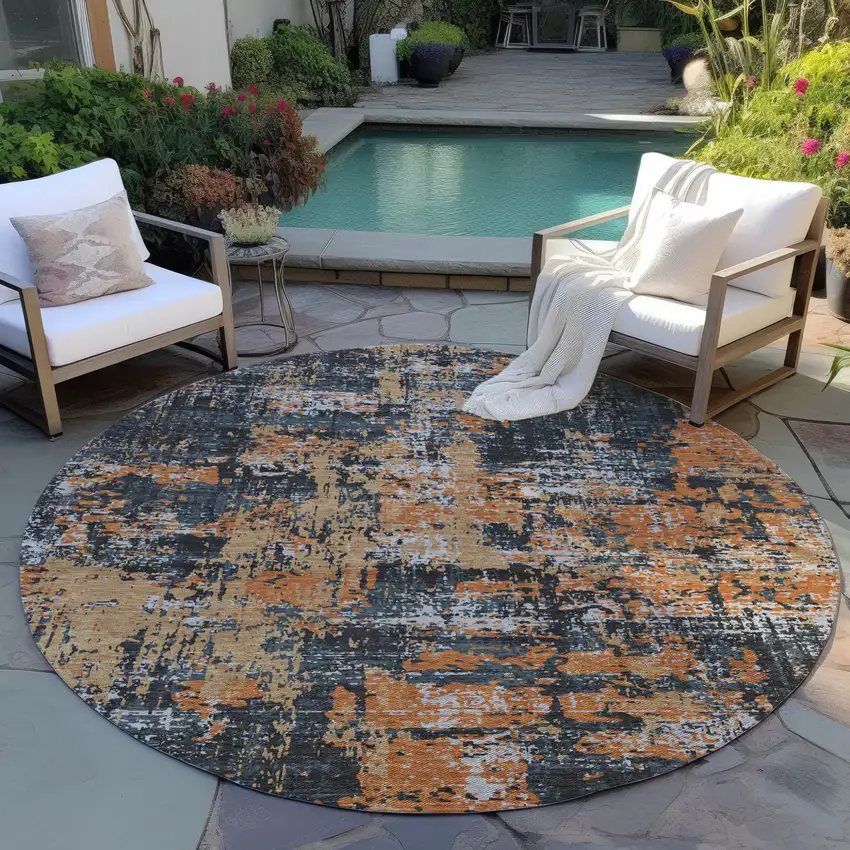 8' Charcoal Copper And Ivory Round Abstract Washable Indoor Outdoor Area Rug Photo 7