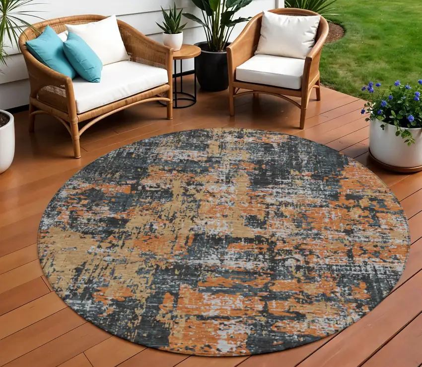 8' Charcoal Copper And Ivory Round Abstract Washable Indoor Outdoor Area Rug Photo 1