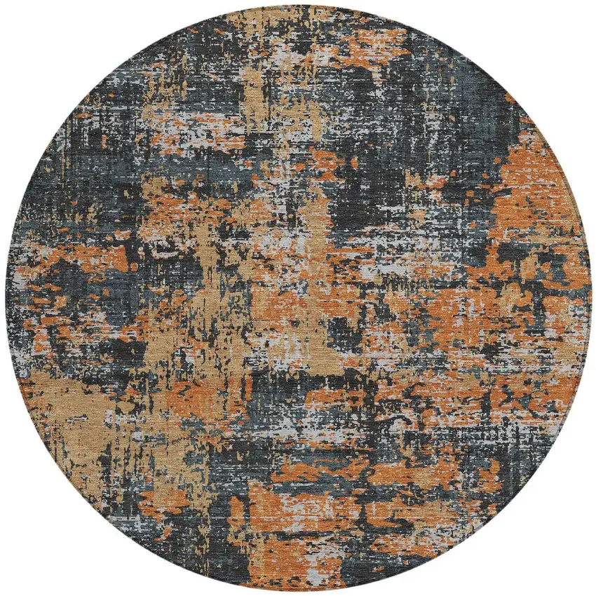 8' Charcoal Copper And Ivory Round Abstract Washable Indoor Outdoor Area Rug Photo 5
