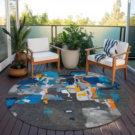 8' Charcoal Copper And Teal Blue Round Abstract Washable Indoor Outdoor Area Rug Photo 7