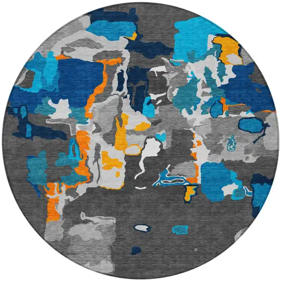 8' Charcoal Copper And Teal Blue Round Abstract Washable Indoor Outdoor Area Rug Photo 6