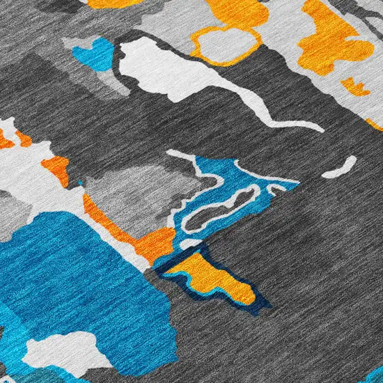 8' Charcoal Copper And Teal Blue Round Abstract Washable Indoor Outdoor Area Rug Photo 4